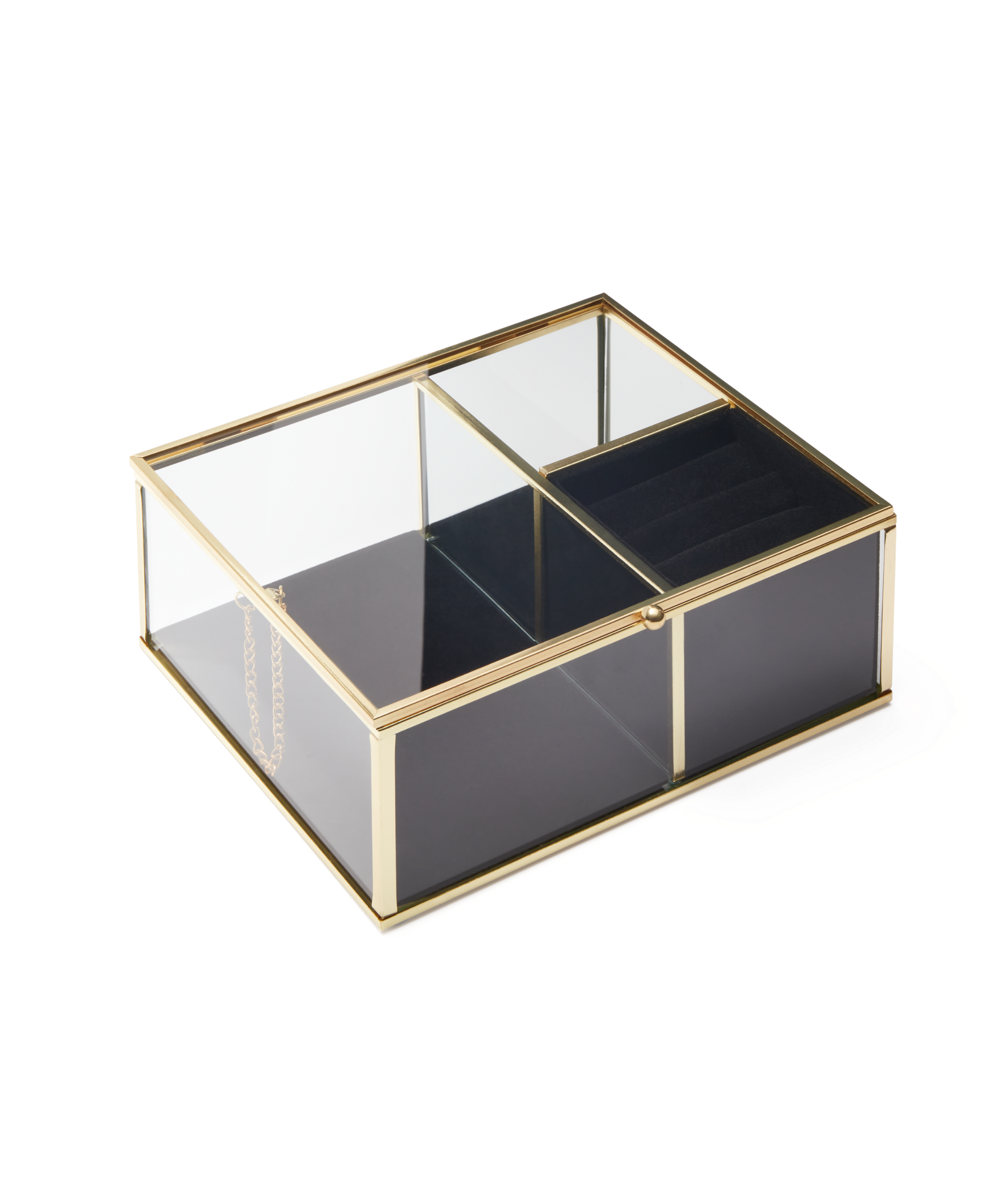 Szklana szkatułka do biżuterii ze złotym okuciem, kolor złoty, transparentny, 20 x 17 x 8,4 cm