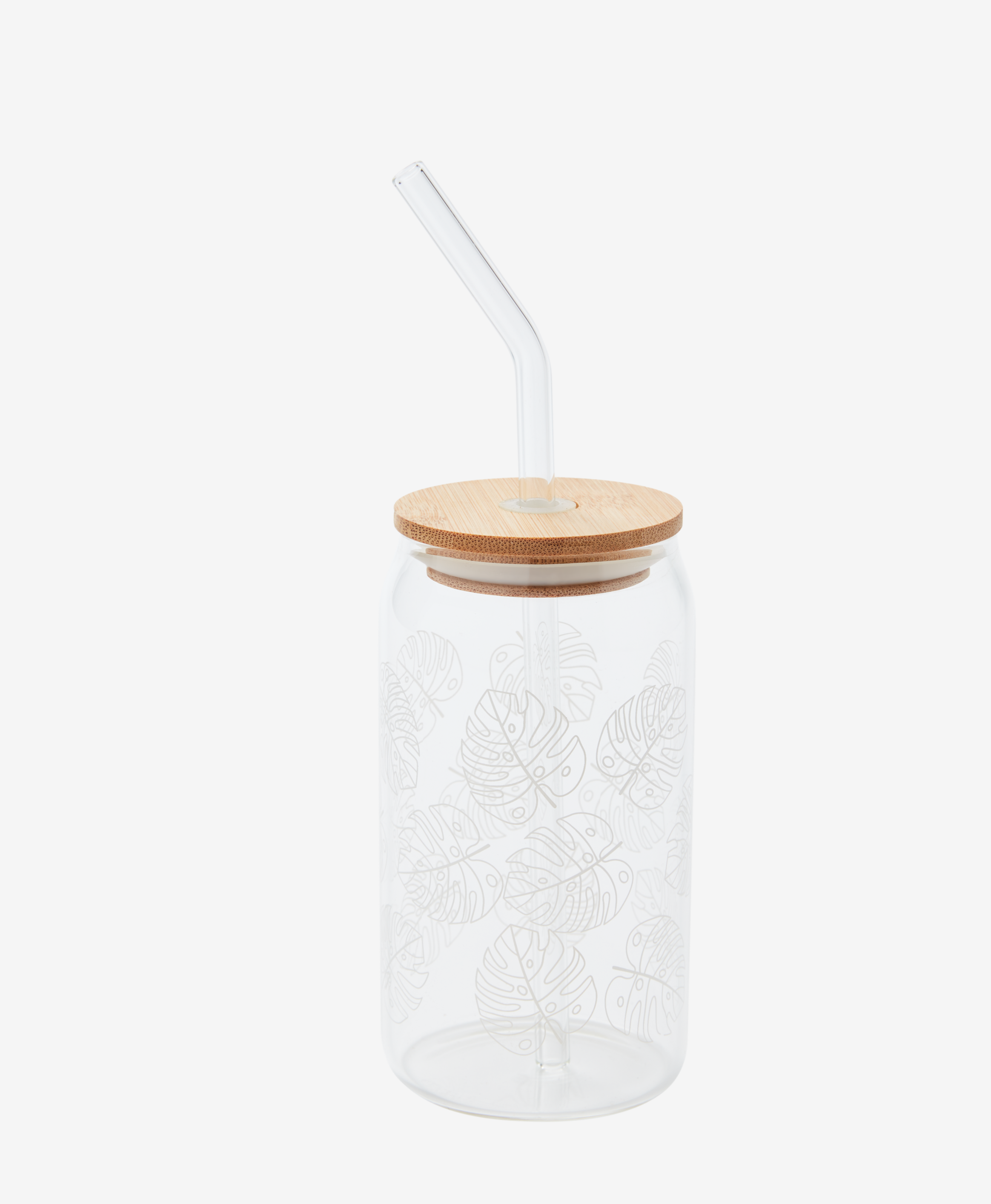 Glas mit Strohhalm und Bambusdeckel, transparent, natur, weiß, 350 ml