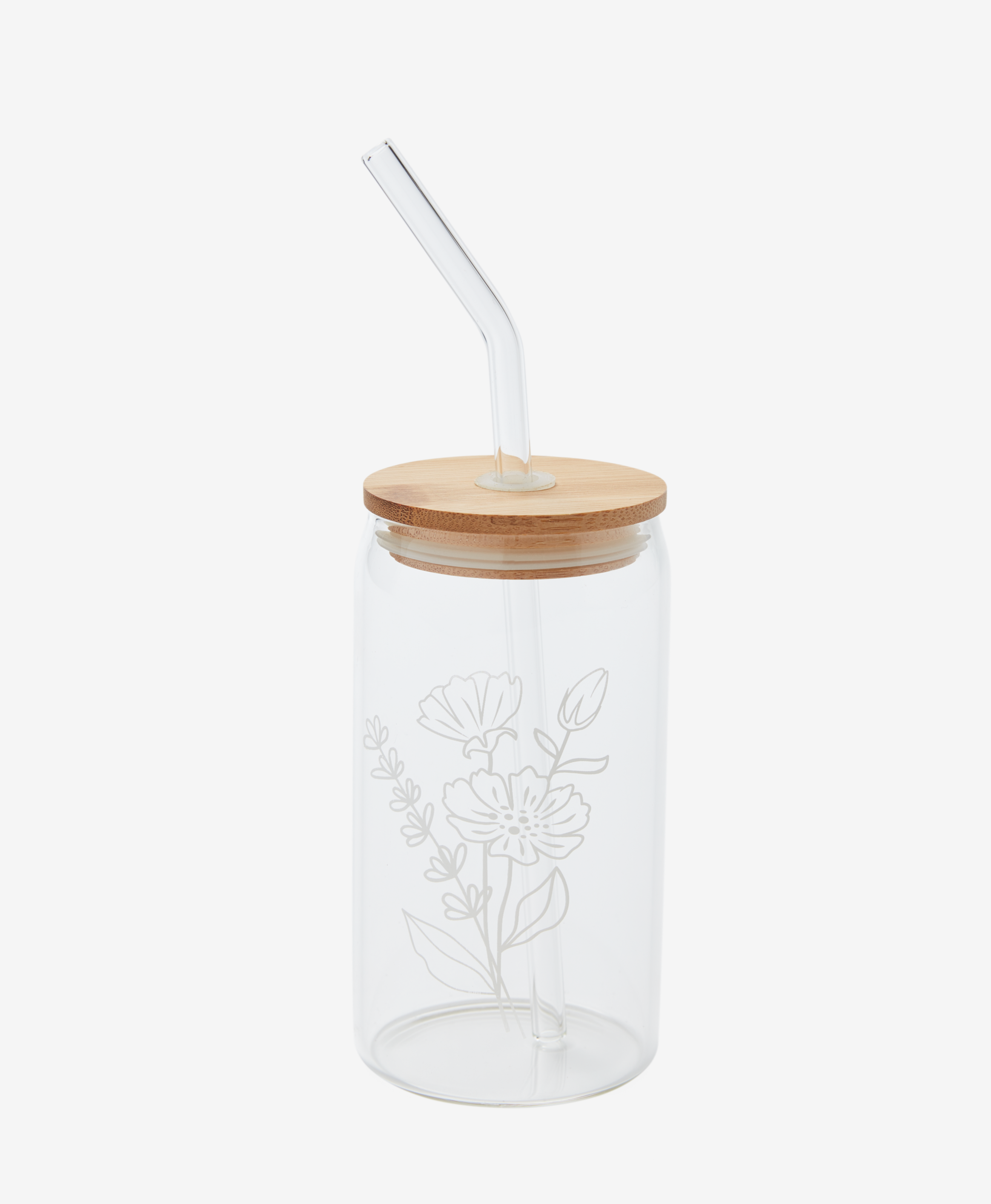 Glas mit Strohhalm und Bambusdeckel, transparent, natur, weiß, 350 ml