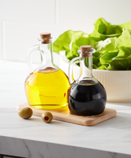 Dekanter für Essig und Olivenöl, 2-in-1 mit Naturkorken, transparent, Volumen 350 und 250 ml