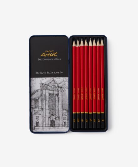 Zestaw 8 ołówków do szkicowania w metalowym opakowaniu, kolor czerwony, czarny, 18 x 26 x 1 cm
