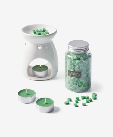 Zestaw prezentowy z kominkiem z tealightami i woskiem, zielony, biały,