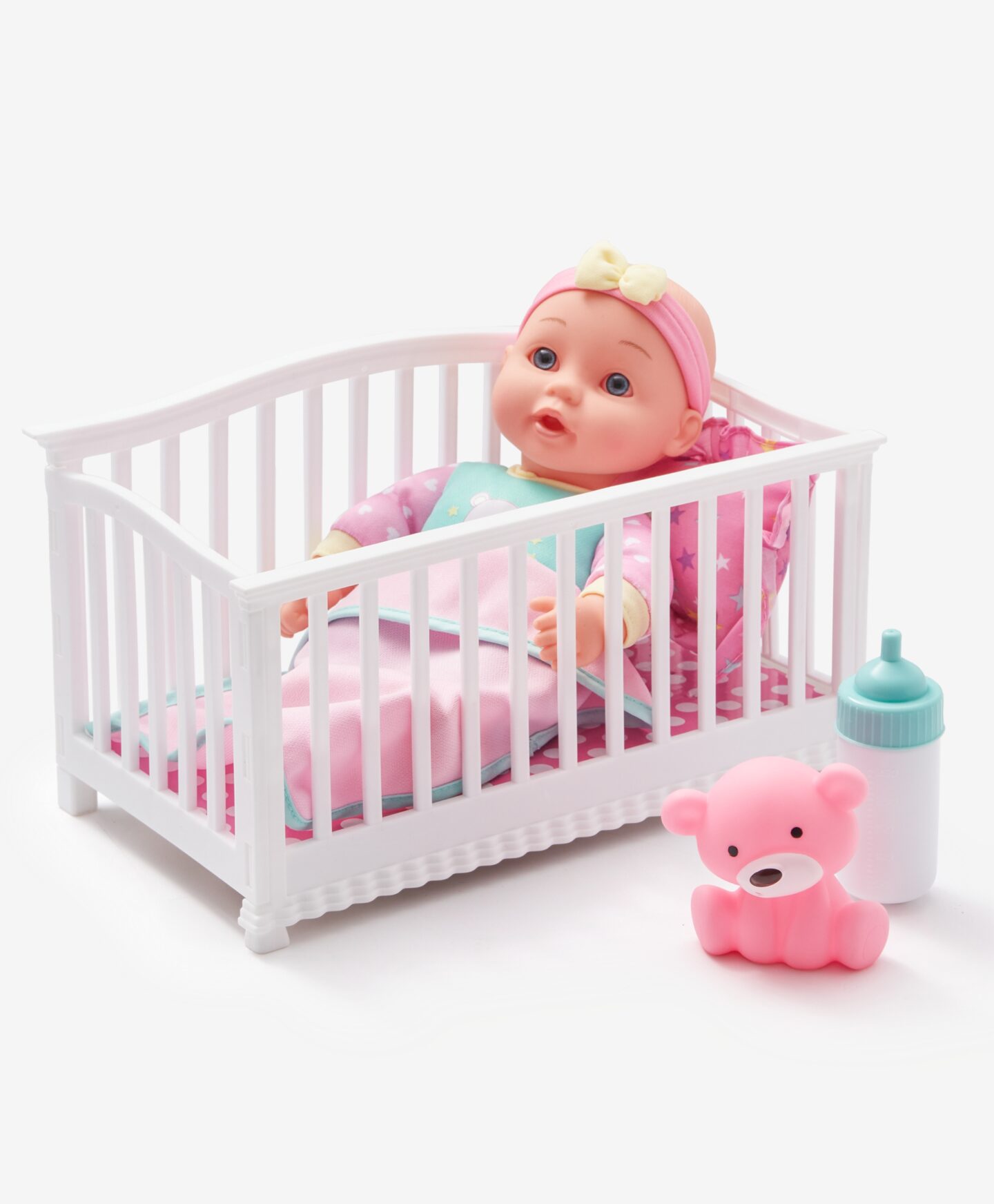 Κούκλα μωρό σε κρεβατάκι με αξεσουάρ, διάφορα χρώματα, 25 εκ.
