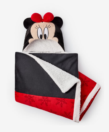 Κουβέρτα από Sherpa με κουκούλα σε σχήμα κεφαλιού της Minnie Mouse, ρώμα: λευκό, μαύρο, κόκκινο