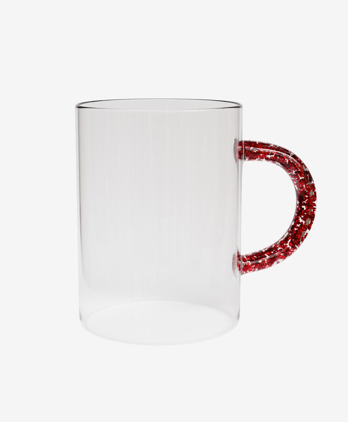 tazza di vetro con manico rosso