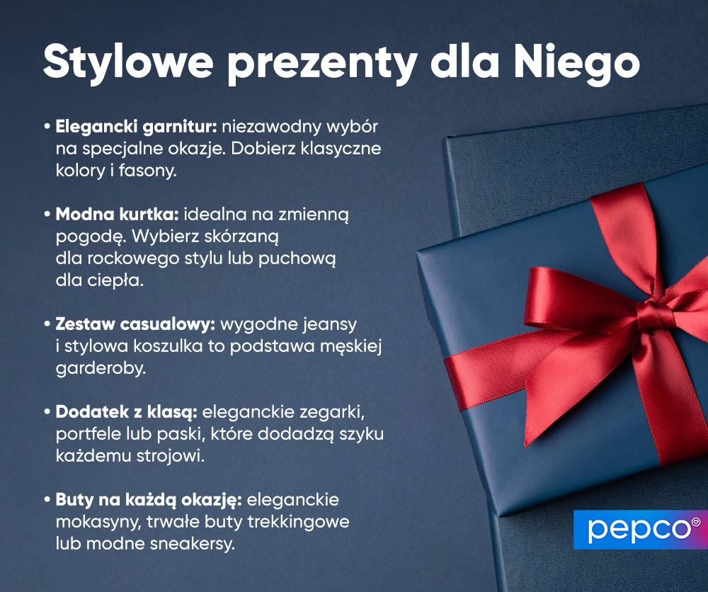 Infografika Pepco o pomysłach na prezent dla męża w temacie ubrań 