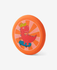 frisbee arancione con dinosauro
