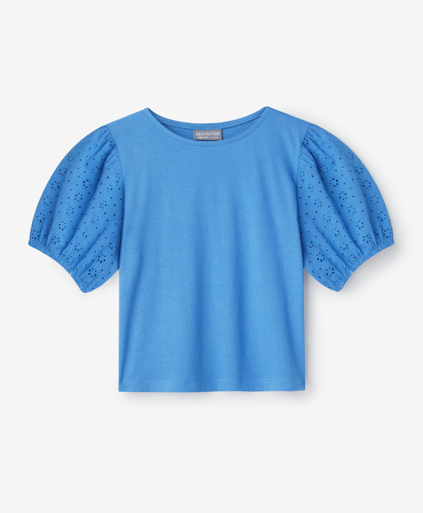 t-shirt blu con ricami da ragazza