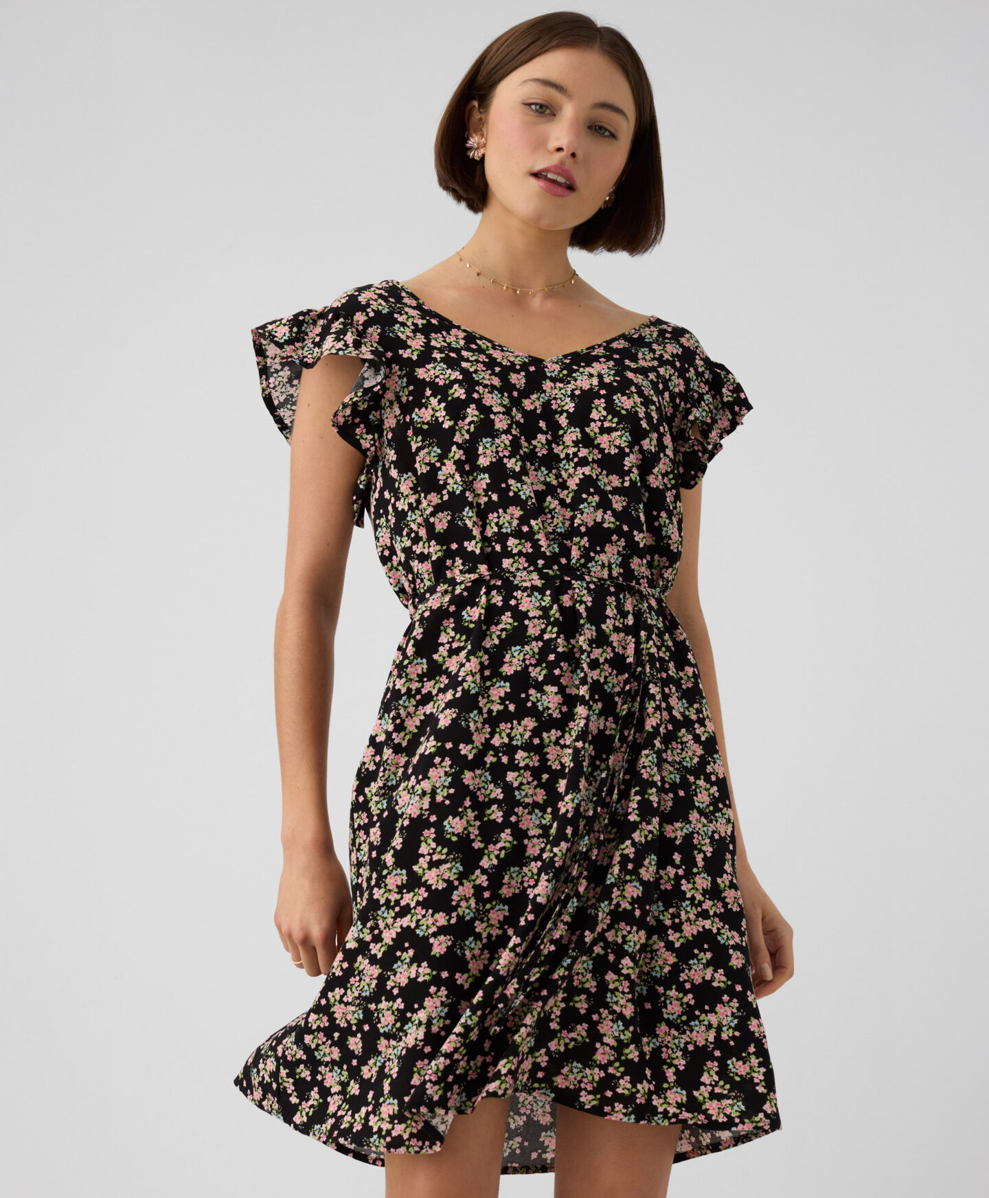 abito floreale con rouches donna