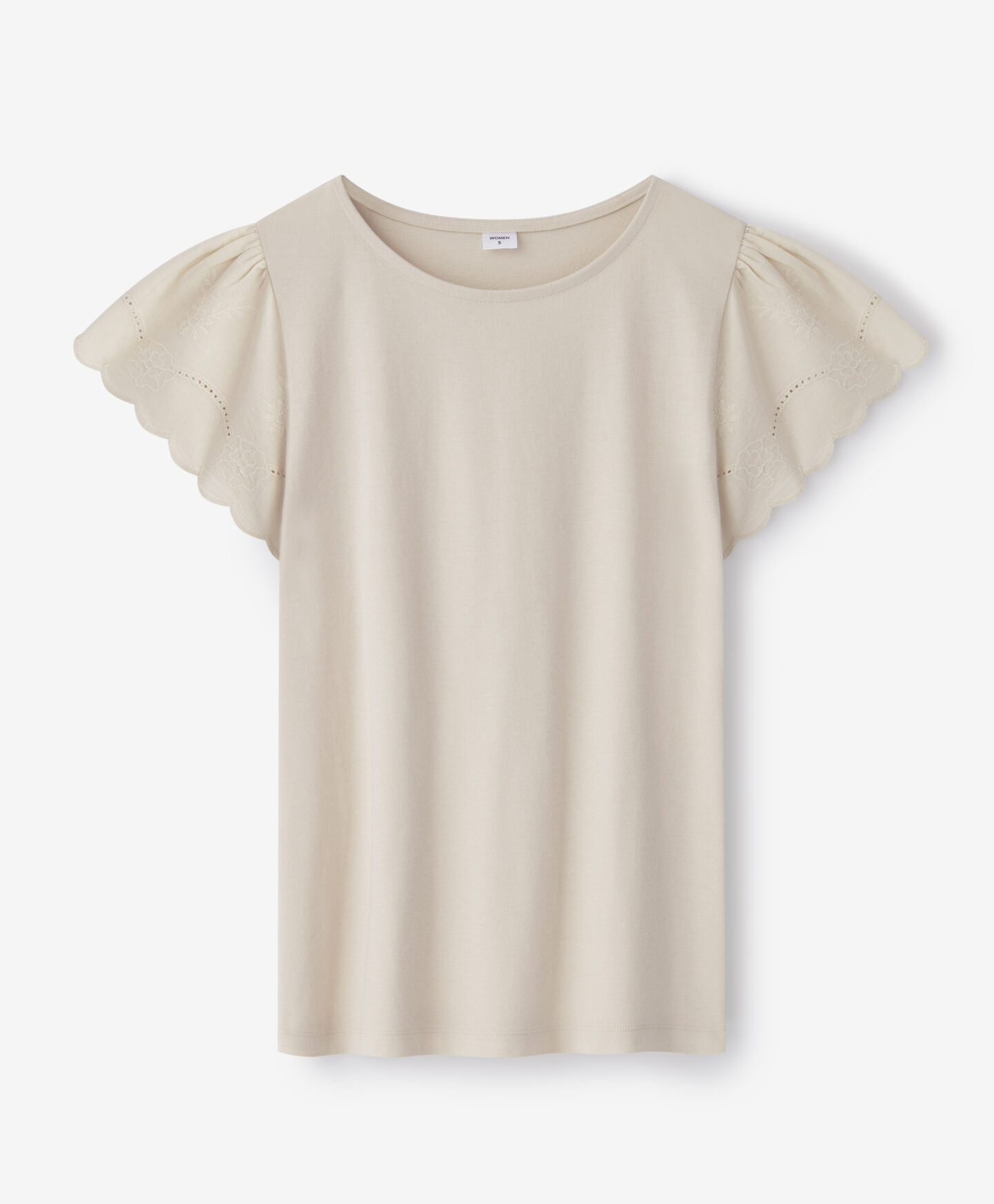 T-shirt damski z ażurowymi rękawami beżowy 100% bawełny