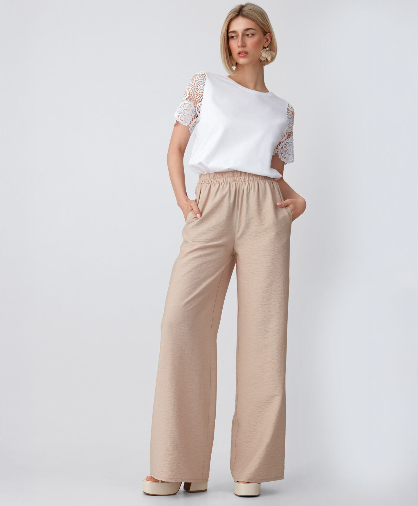 pantaloni donna beige vita alta
