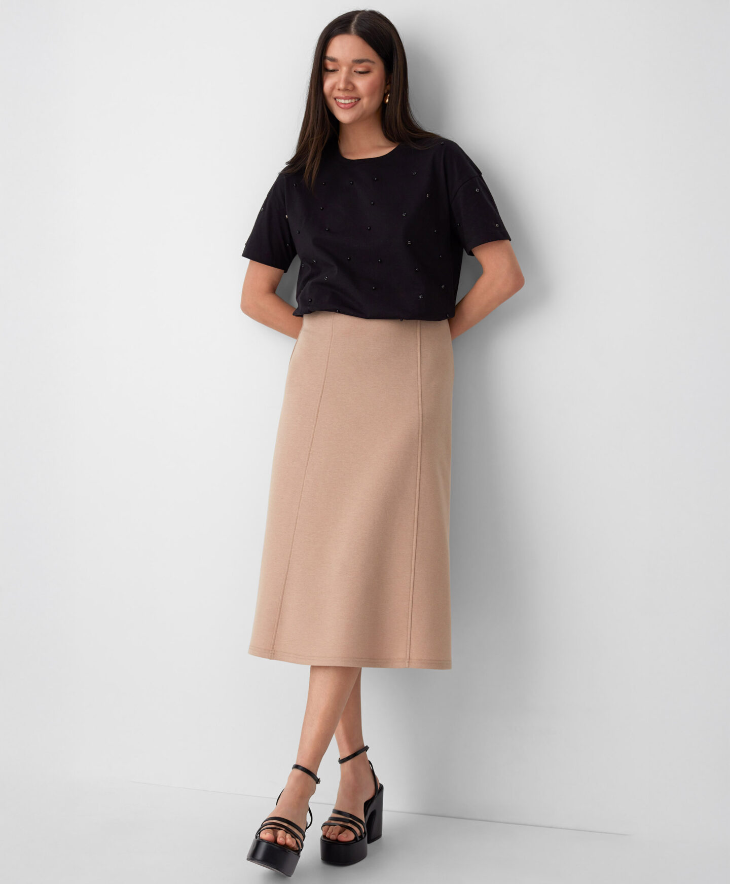 gonna a trapezio beige da donna