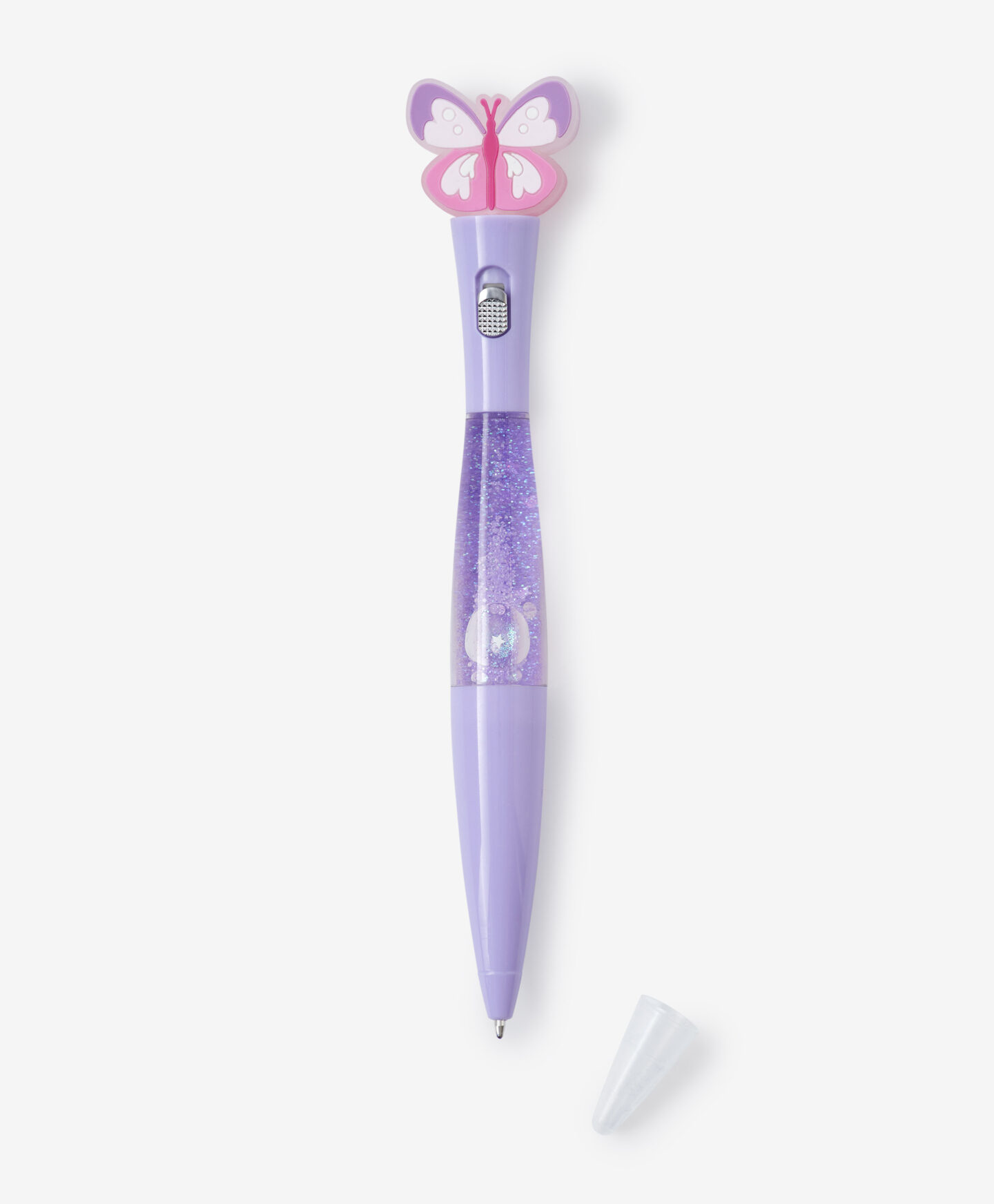 penna viola glitter con farfalla