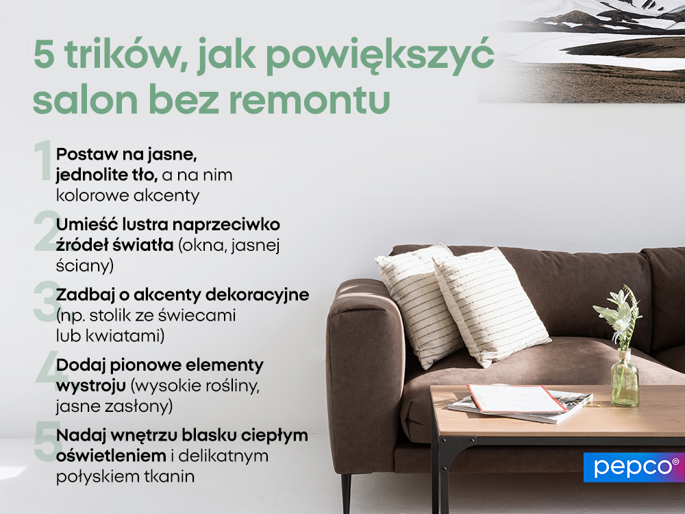 5 trików, jak powiększyć salon bez remontu. - infografika